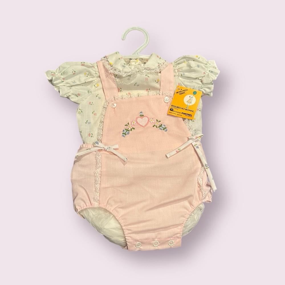 NWT Vintage Pink Baby Romper with Embroidered Heart And Flower Details